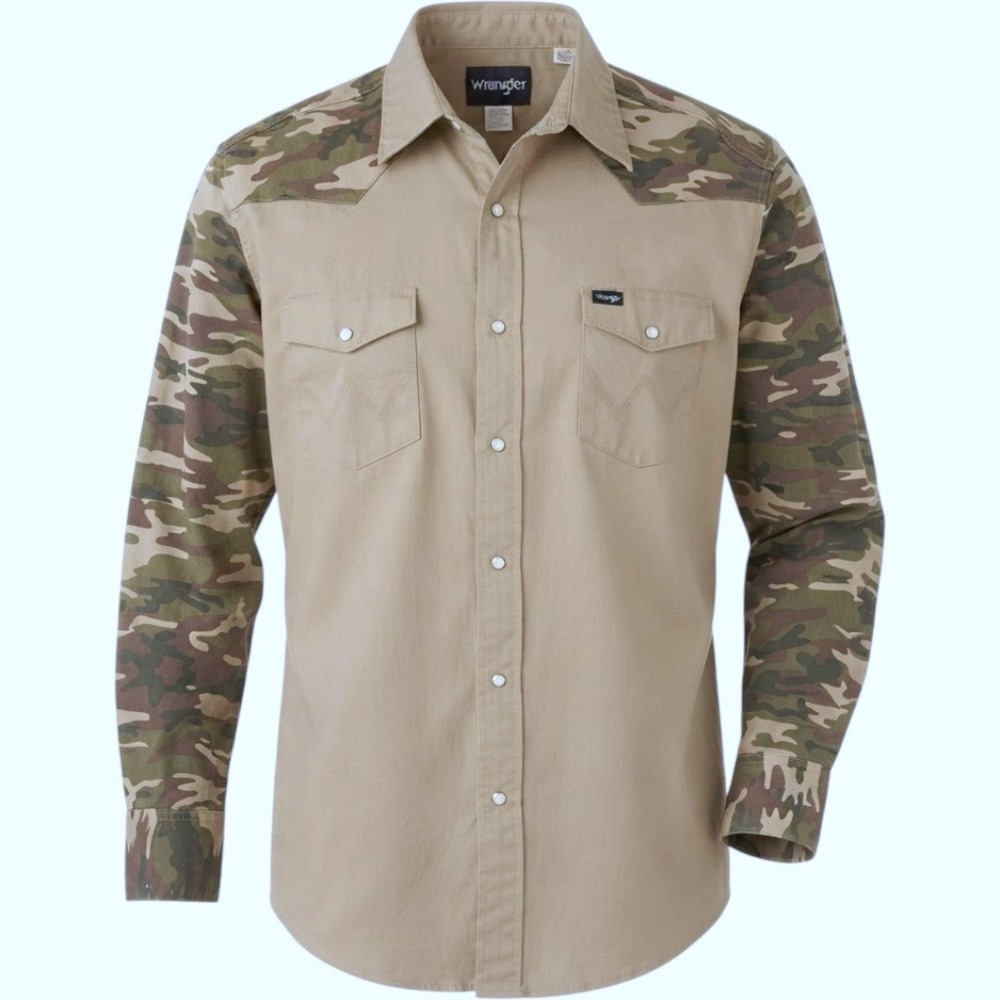Wrangler Western Snap Shirt Mens Size 2XT Tan Camo Sleeves Tall Workwear MS742CM